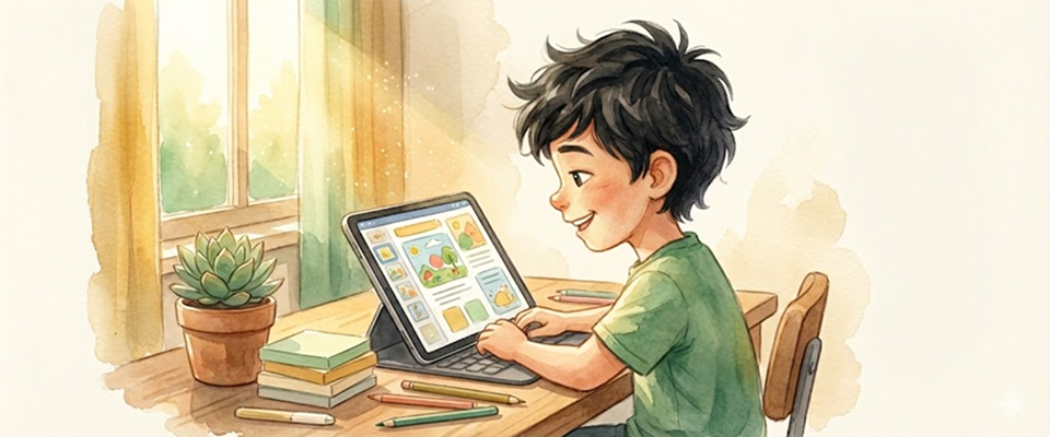 아이가 책상에서 자신의 결과물을 뿌듯하게 바라보는 수채화 일러스트