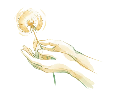 두 손이 민들레 홀씨를 감싸는 수채화 일러스트