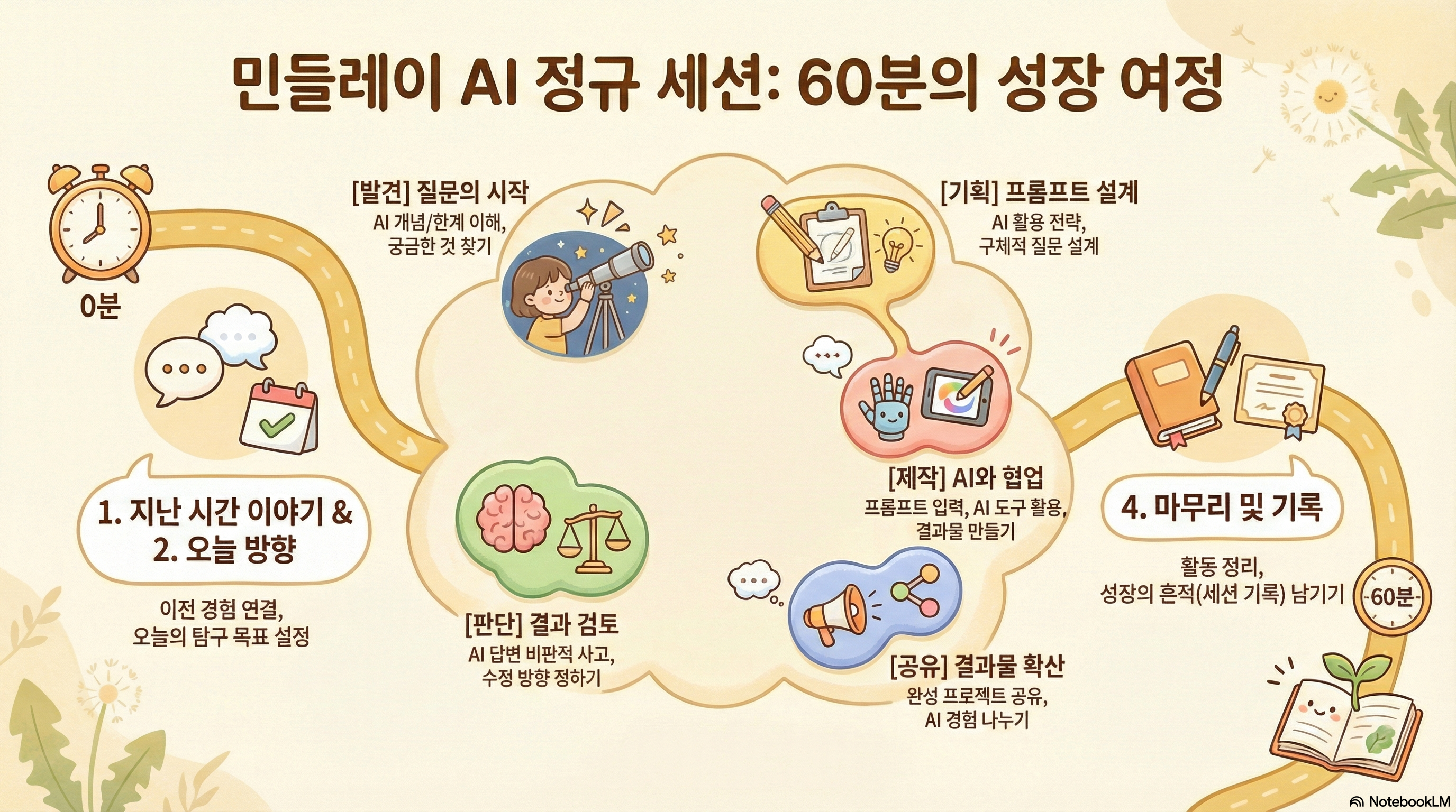 민들레이 AI 정규 세션 60분 흐름: 지난 시간 이야기와 오늘 방향 설정 후, 발견-기획-제작-판단-공유 사이클을 거쳐, 마무리 및 기록으로 마무리